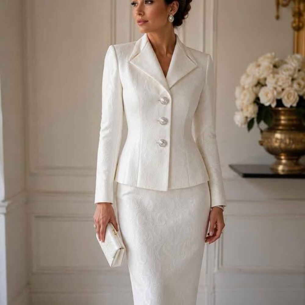 Le Suit Women’s Size 4 White Jacquard Skirt Suit Elegant Formal Like New